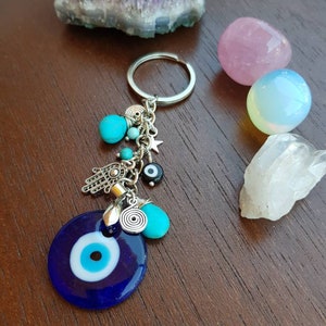 Handmade Turkish Evil Eye Keyring: Howlite Turquoise Hamsa Hand Bag Charm