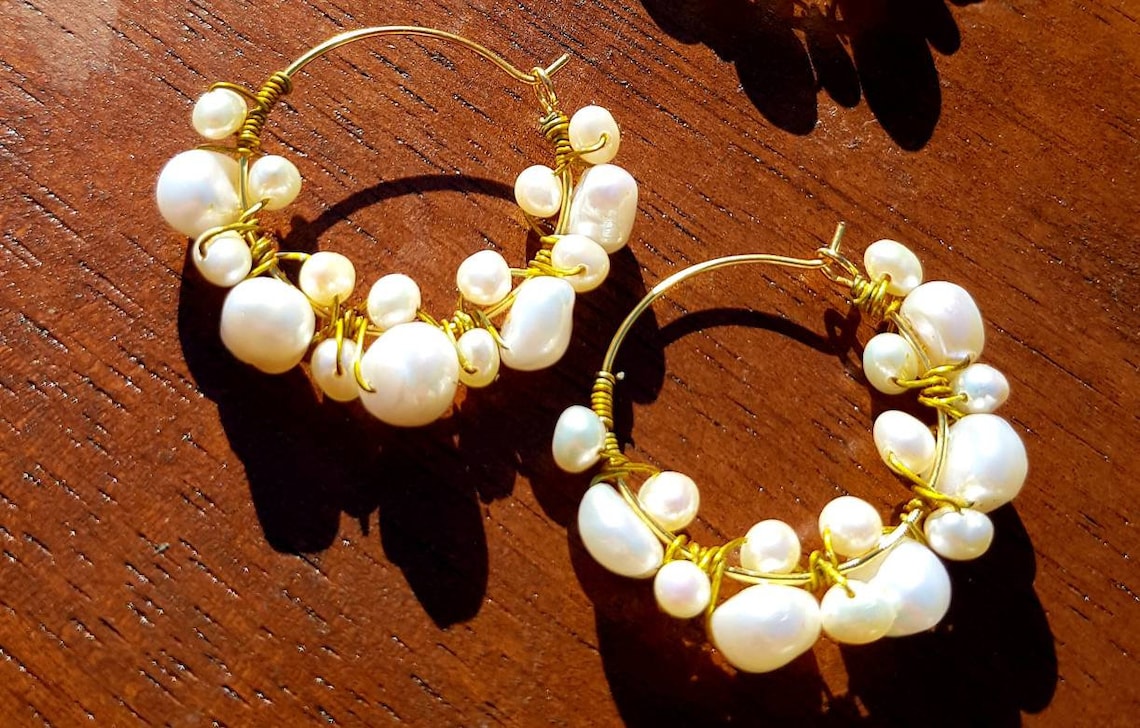 Gold Freshwater pearl cluster hoop Earrings Pearl Earrings Etsy