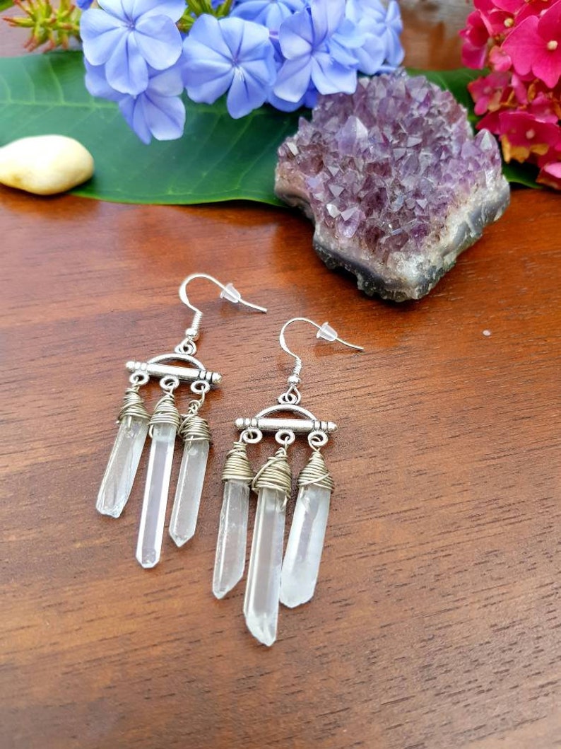 OOAK Earrings Silver Raw Crystal Quartz Dangle Chandelier Earrings Silver