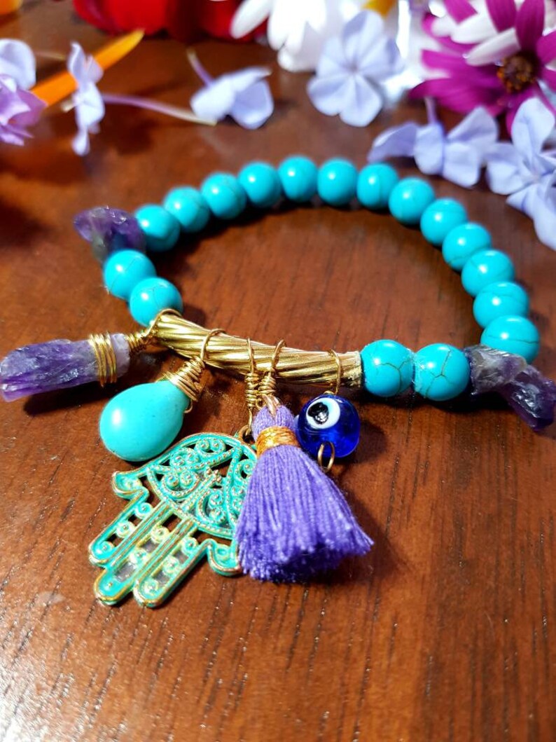 Howlite Turquoise Raw Amethyst Hamsa hand Protection eye bar beacelet.