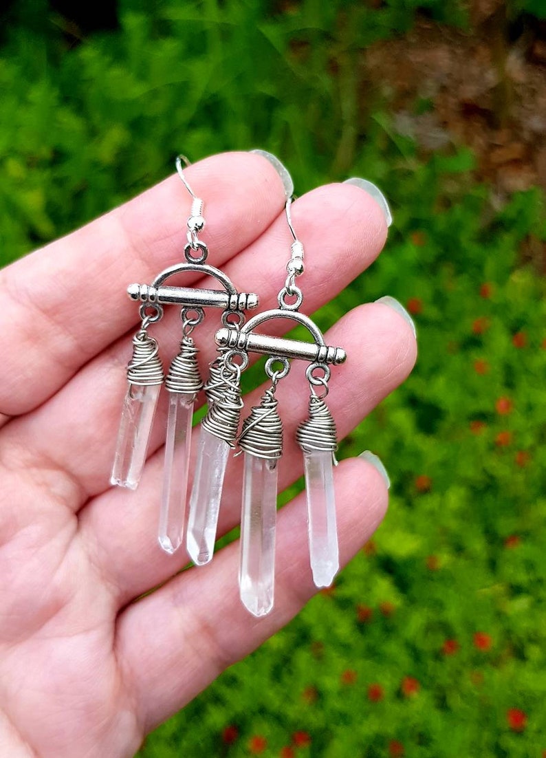OOAK Earrings Silver Raw Crystal Quartz Dangle Chandelier Earrings Silver