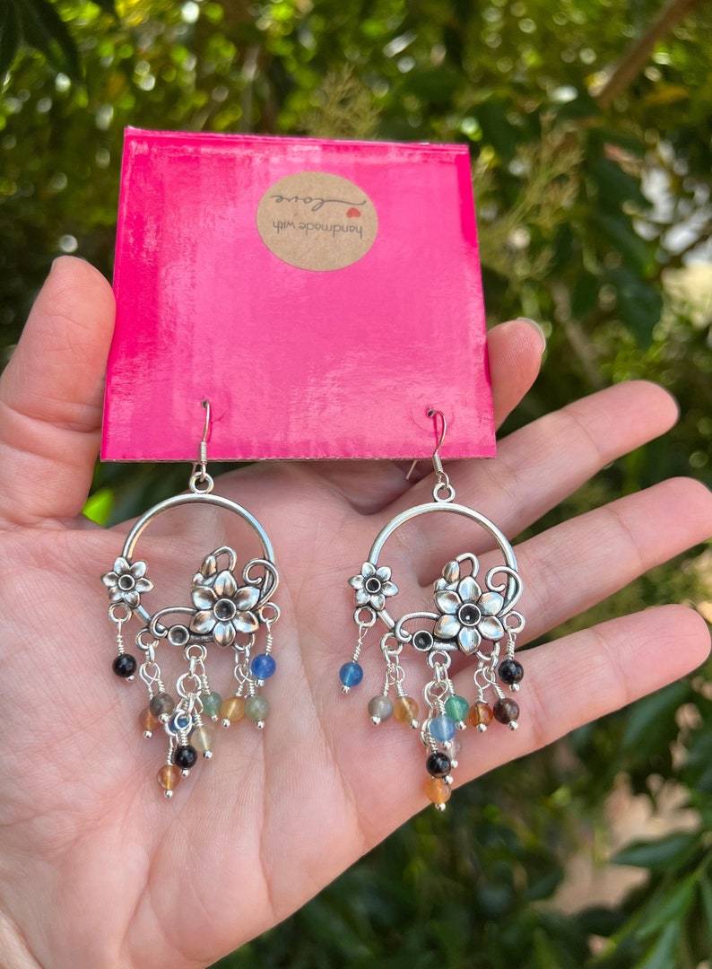 Silver Multicolor Agate Earrings, Agate chandelier cluster Earrings, Colourful crystal Earrings image 1