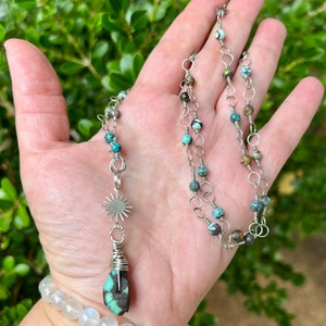 Handmade Heishi Turquoise Necklace: Silver Wire Wrapped pendant jewelry