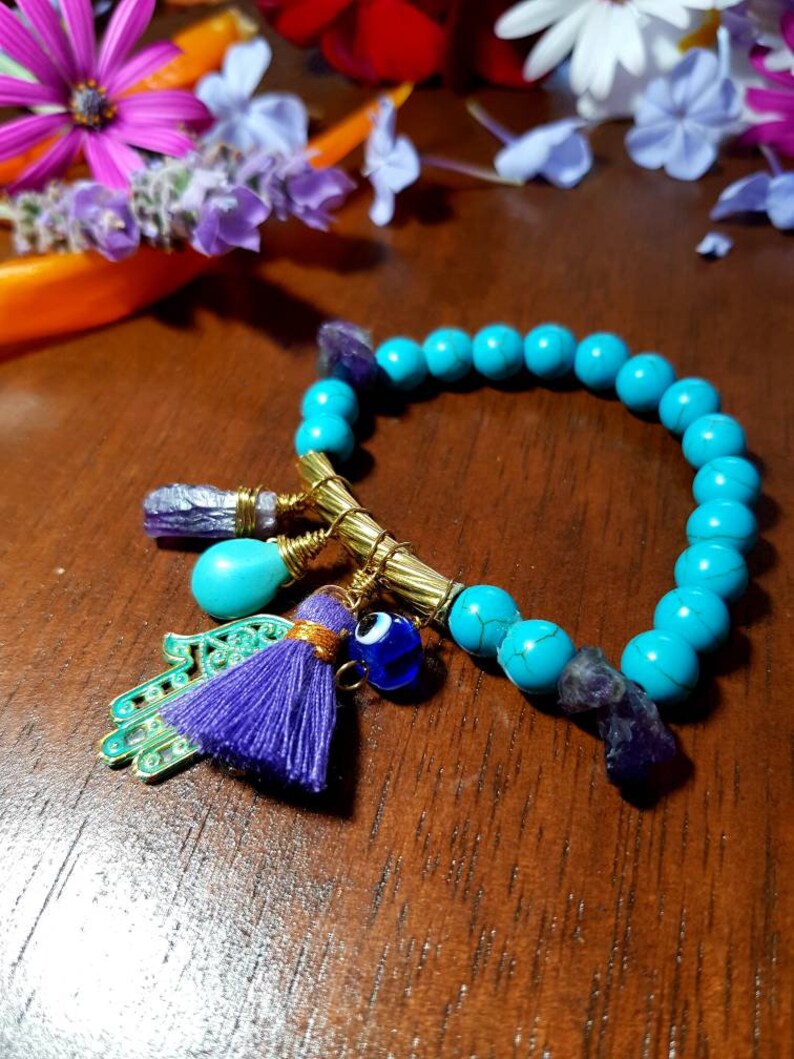 Howlite Turquoise Raw Amethyst Hamsa hand Protection eye bar beacelet.