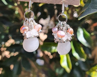 Sterling Silver Pearl Cluster and Rose Quartz Earrings. Rose Quartz Cluster earrings, Pink Pearl Cluster Earrings