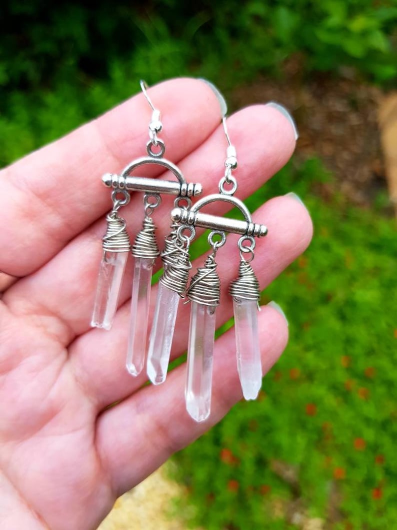 OOAK Earrings Silver Raw Crystal Quartz Dangle Chandelier Earrings Silver