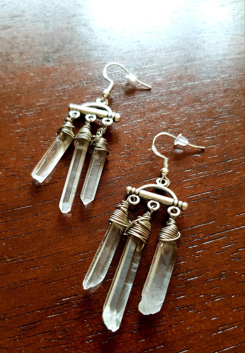 OOAK Earrings Silver Raw Crystal Quartz Dangle Chandelier Earrings Silver