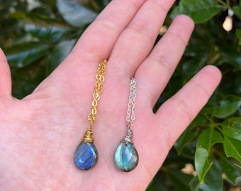 Teardrop Labradorite Necklace: Gold or Silver Plated Chain