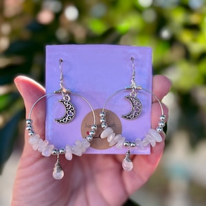 Silver Moonstone Hoop Earrings: Dangle Moon Charm Jewelry