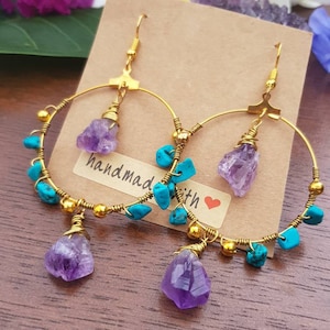 Gold Raw Amethyst and Turquoise Hoop Earrings. Amethyst Earrings, Turquoise Earrings