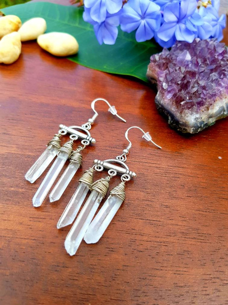 OOAK Earrings Silver Raw Crystal Quartz Dangle Chandelier Earrings Silver