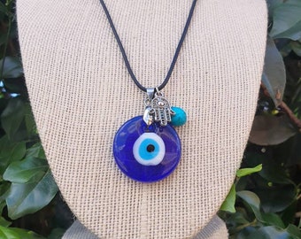 Turkish Evil Eye Necklace: Hamsa Hand, Howlite Turquoise