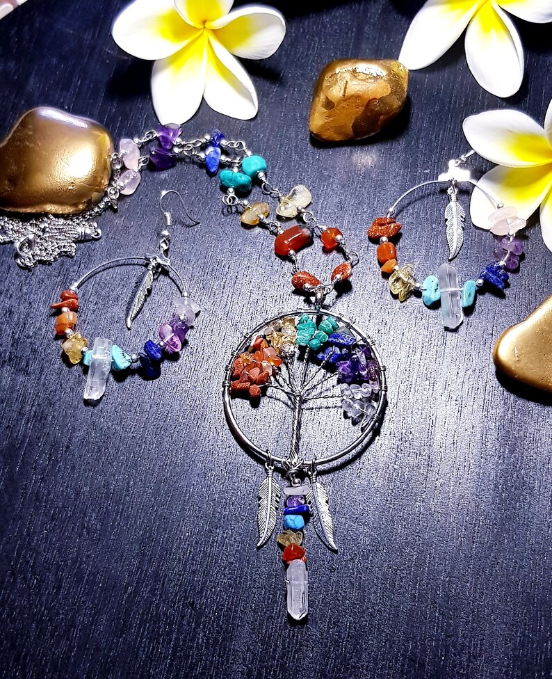 Chakra Tree of Life Wire Wrapped Necklace Quartz Point necklace Raw gemstone jewelry