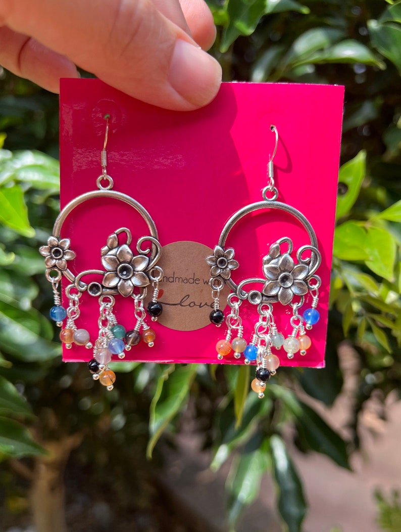 Silver Multicolor Agate Earrings, Agate chandelier cluster Earrings, Colourful crystal Earrings image 2
