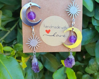 Silver Mis-Match Amethyst Earrings. Amethyst lunar earrings, Amethyst sun moon earrings,