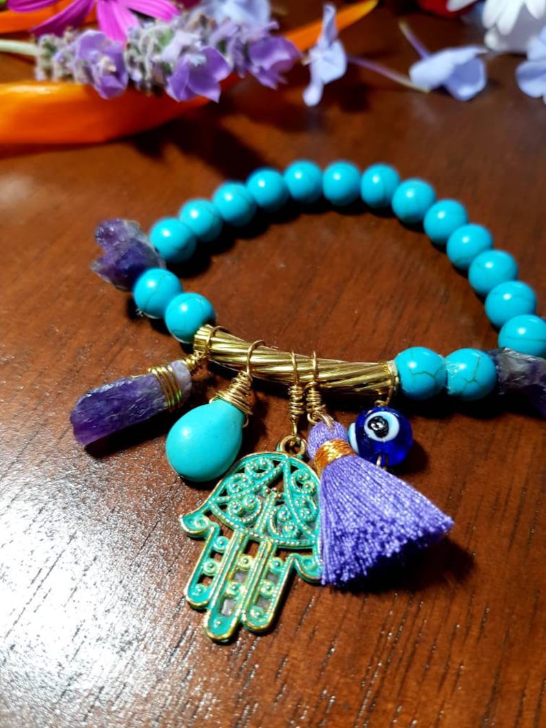 Howlite Turquoise Raw Amethyst Hamsa hand Protection eye bar beacelet.
