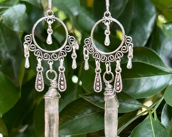 Silver Raw Crystal Quartz Dangle Chandelier Earrings Silver, Crystal Quartz Jewellery