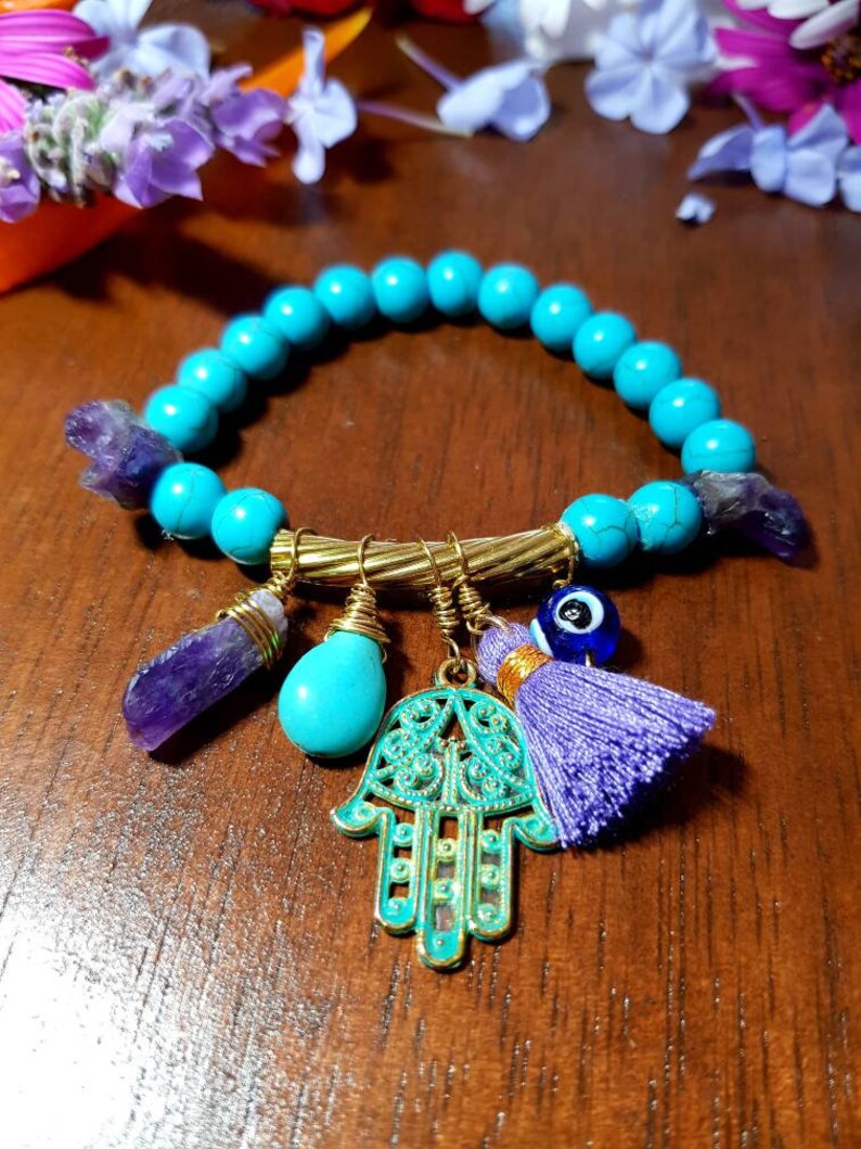 Howlite Turquoise Raw Amethyst Hamsa hand Protection eye bar beacelet.
