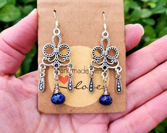 Silver Lapis Lazuli drop Dangle chandelier Earrings, Lapis Lazuli drop Earrings