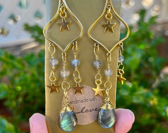 Gold Flashy Labradorite drop Earrings, Womens formal earrings, labradorite chandelier earrings