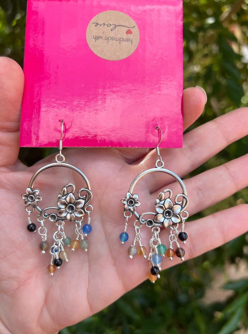 Silver Multicolor Agate Earrings, Agate chandelier cluster Earrings, Colourful crystal Earrings image 5