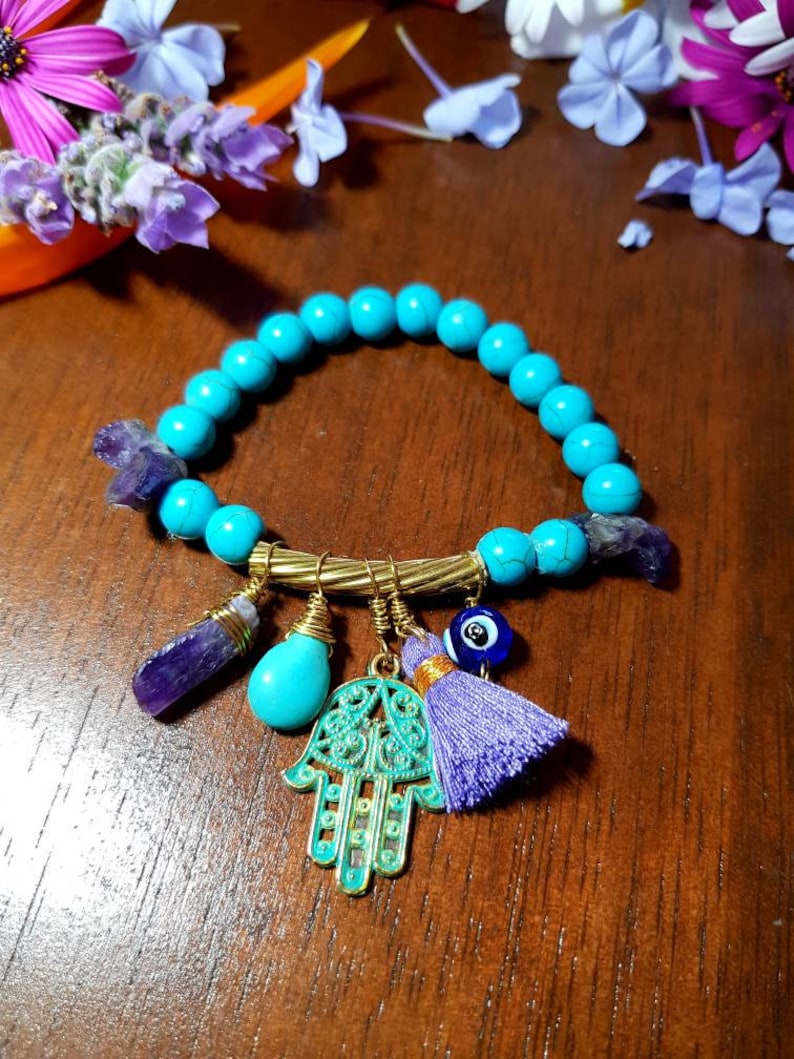 Howlite Turquoise Raw Amethyst Hamsa hand Protection eye bar beacelet.