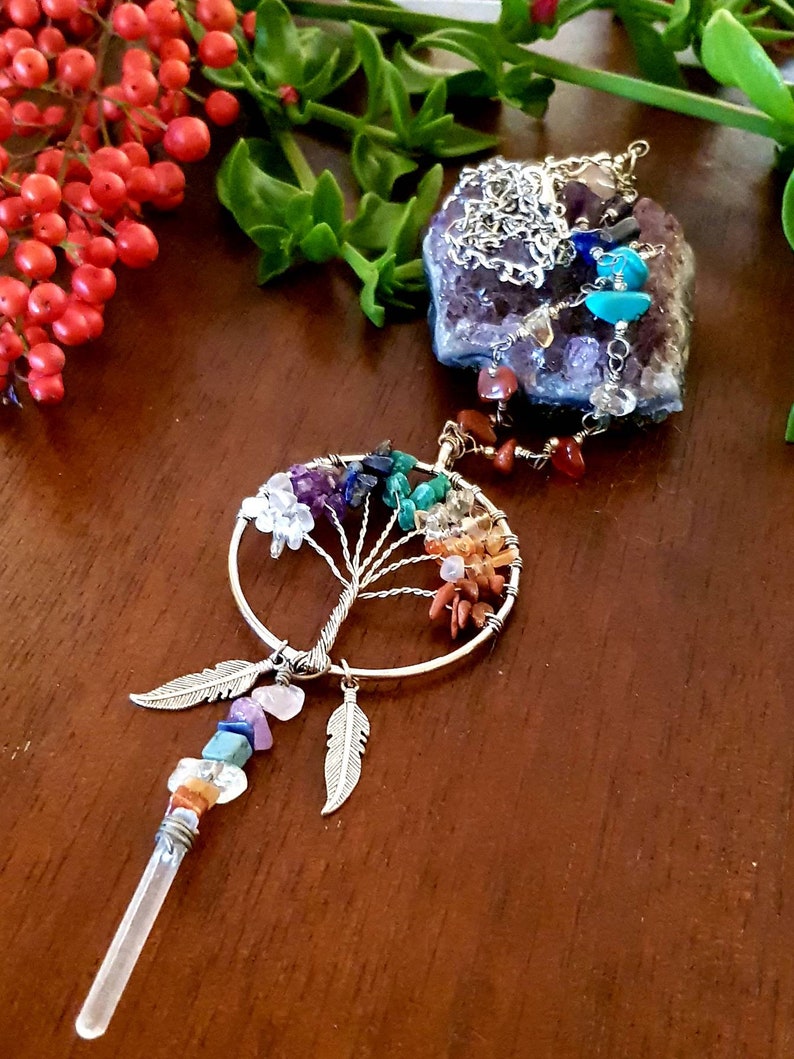 Chakra Tree of Life Wire Wrapped Necklace Quartz Point necklace Raw gemstone jewelry
