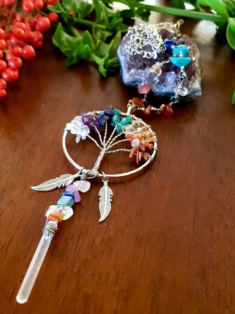 Chakra Tree of Life Wire Wrapped Necklace Quartz Point necklace Raw gemstone jewelry