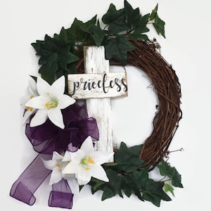 Easter Cross Wreath for Front Door,  Easter Church Lily Wreath