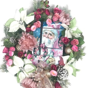 Santa Wreath for Door, Victorian Christmas Décor, Pink Christmas Wreath, Victorian Christmas Wreath