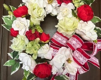 Magnolia Grapevine Wreath with Roses, Farmhouse Spring Porch Decor,