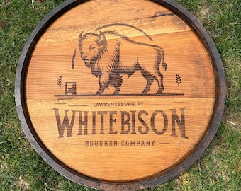 Custom Laser Engraved Bourbon Barrel Head Wall Hanging with Metal Band/Ring