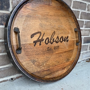 Bourbon Barrel Head Serving Tray Laser Engraved