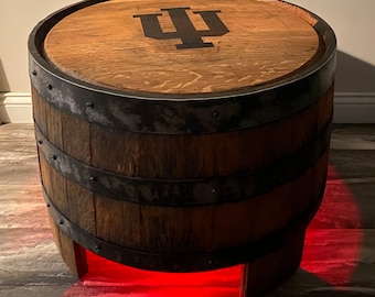 Repurposed Bourbon Barrel Coffee/End Table FREE SHIPPING LED Lights.  Laser engraved