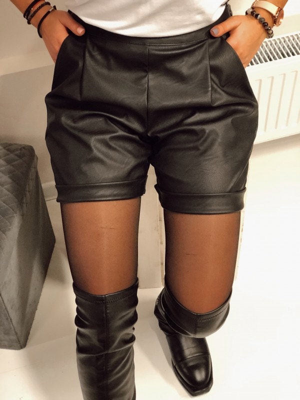 Faux leather women shorts with deep pockets Eco leather high Etsy