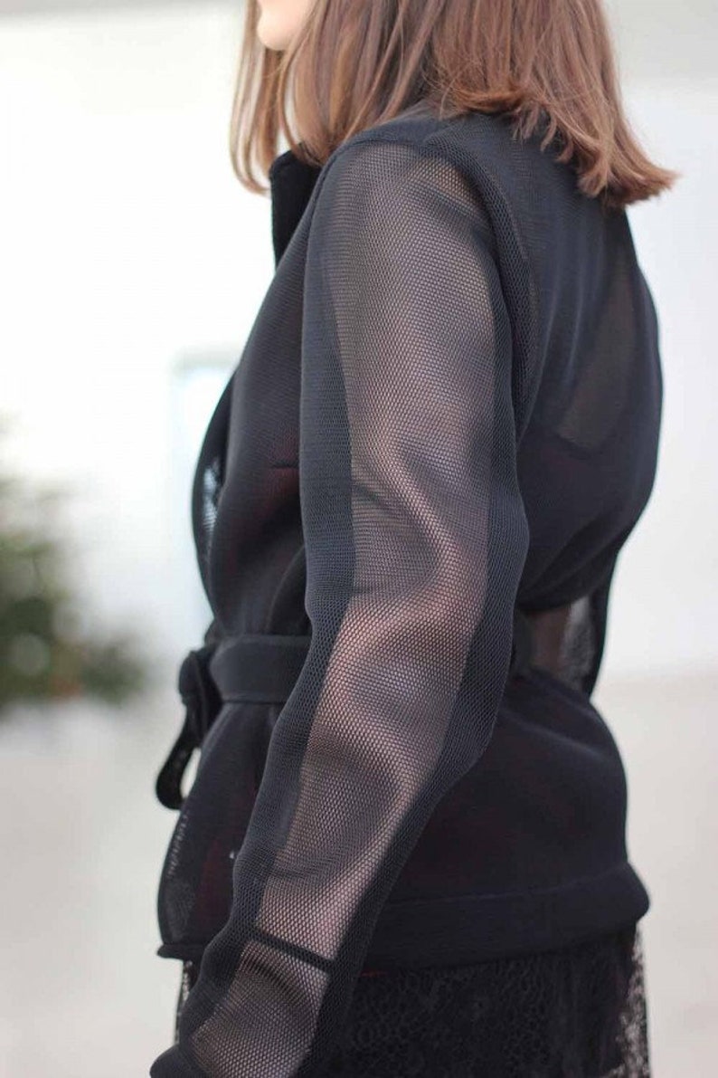 Black sheer jacket See through blazer Shawl neck belted Etsy