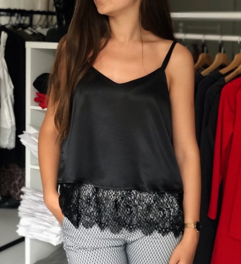Silk blouse Spaghetti strap top Satin slip Artificial silk lace summer blouse Satin camisole White cami tank