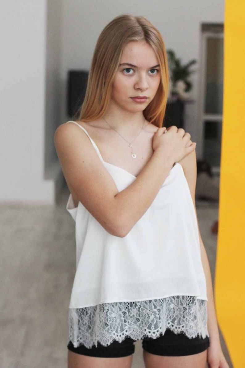 Silk blouse Spaghetti strap top Satin slip Artificial silk lace summer blouse Satin camisole White cami tank