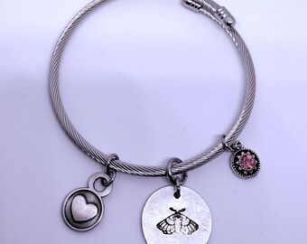 Moth/butterfly charm, heart, pink crystal, expandable stainless steel bangle bracelet, special gift, hand stamped silverware jewelry
