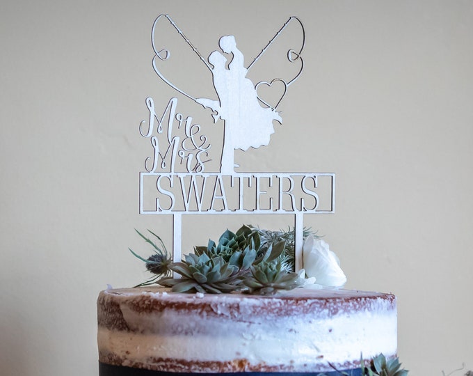 Personalized rustic wedding cake topper// anniversary cake topper// custom designed cake topper// fish hook and banner