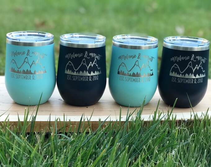 Personalized 12 OZ polar camel wine tumbler//Double wall vacuum insulation with lid//Custom Laser drink ware// mountain wedding