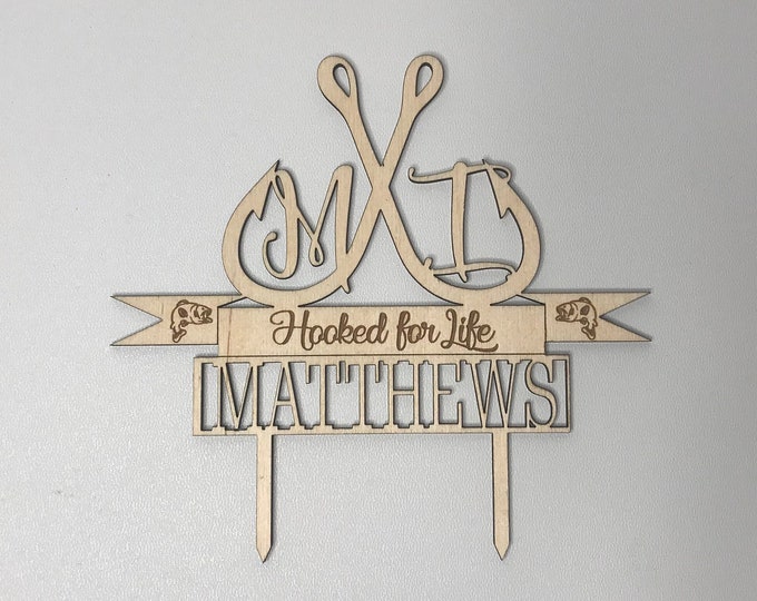 Personalized Fishing cake topper// Wedding cake topper// Anniversary cake topper // Hooked for life