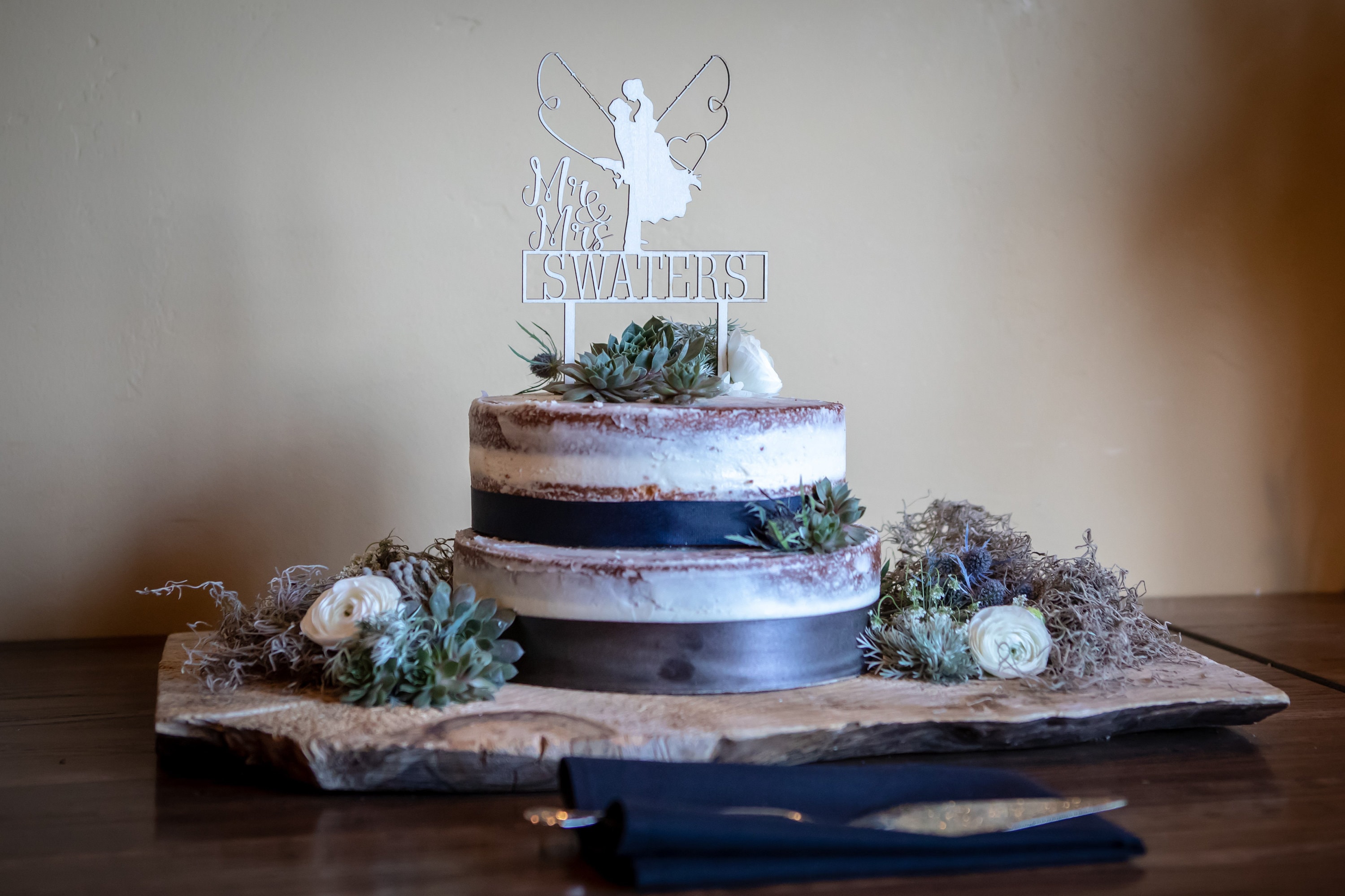 Personalized rustic wedding cake topper// anniversary cake topper// custom  designed cake topper// fish hook and banner
