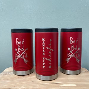 12 oz skinny can cooler // 12oz insulated metal can cooler// Kansas City chiefs // outdoor drink wear// tailgate // Patrick Mahomes