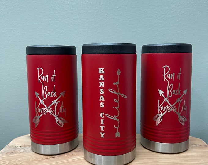 12 oz skinny can cooler // 12oz insulated metal can cooler// Kansas City chiefs // outdoor drink wear// tailgate // Patrick Mahomes