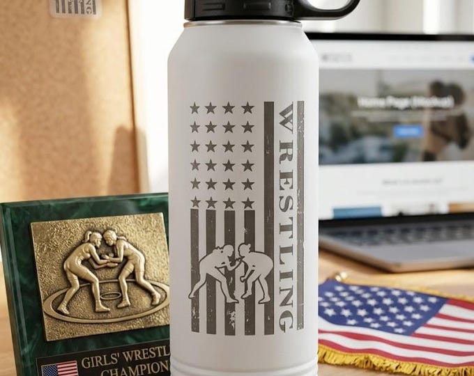 Laser Engraved American flag Wrestling Engraved Polar Camel Water Bottle - 32 oz