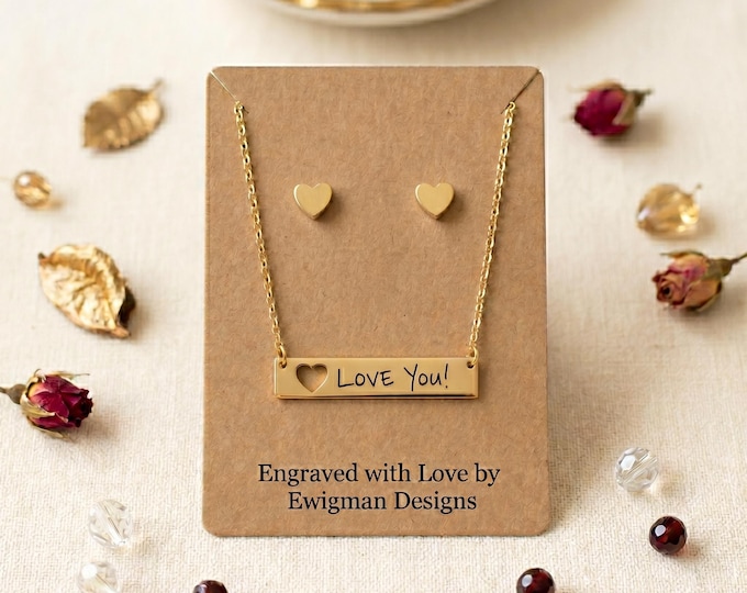 Heart bar necklace and earrings with handwritten I Love You