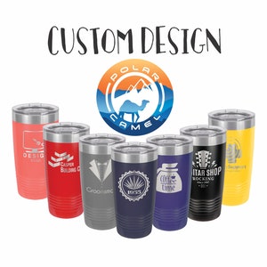 May include: Seven different stainless steel tumblers with various designs and colors. The tumblers are all the same size and shape, and they have a silver lid. The designs on the tumblers include a computer screen, a building, a tuxedo, a cactus, a coffee pot, a guitar, and a support logo.
