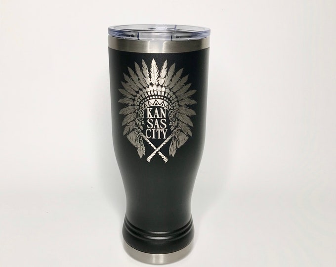 Custom Kansas City Chiefs Pilsner-Laser Engraved 20 oz. Pilsner - Personalized Tumbler - Beer Glass - Chiefs headdress - Super Bowl champs