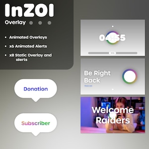 Könnte beinhalten: Ein Screenshot eines Streaming-Plattform-Overlays mit dem Text "InZOI Overlay" und mehreren Optionen für animierte und statische Overlays. Die Optionen umfassen "Animated Overlays", "x6 Animated Alerts" und "x8 Static Overlay and alerts". Es gibt auch zwei Sprechblasen mit dem Text "Donation" und "Subscriber".